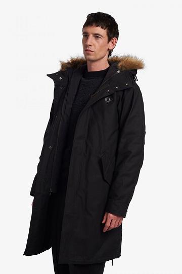 Black Fred Perry Zip-In Liner Parka Men's Jackets | PH 1274HAPK